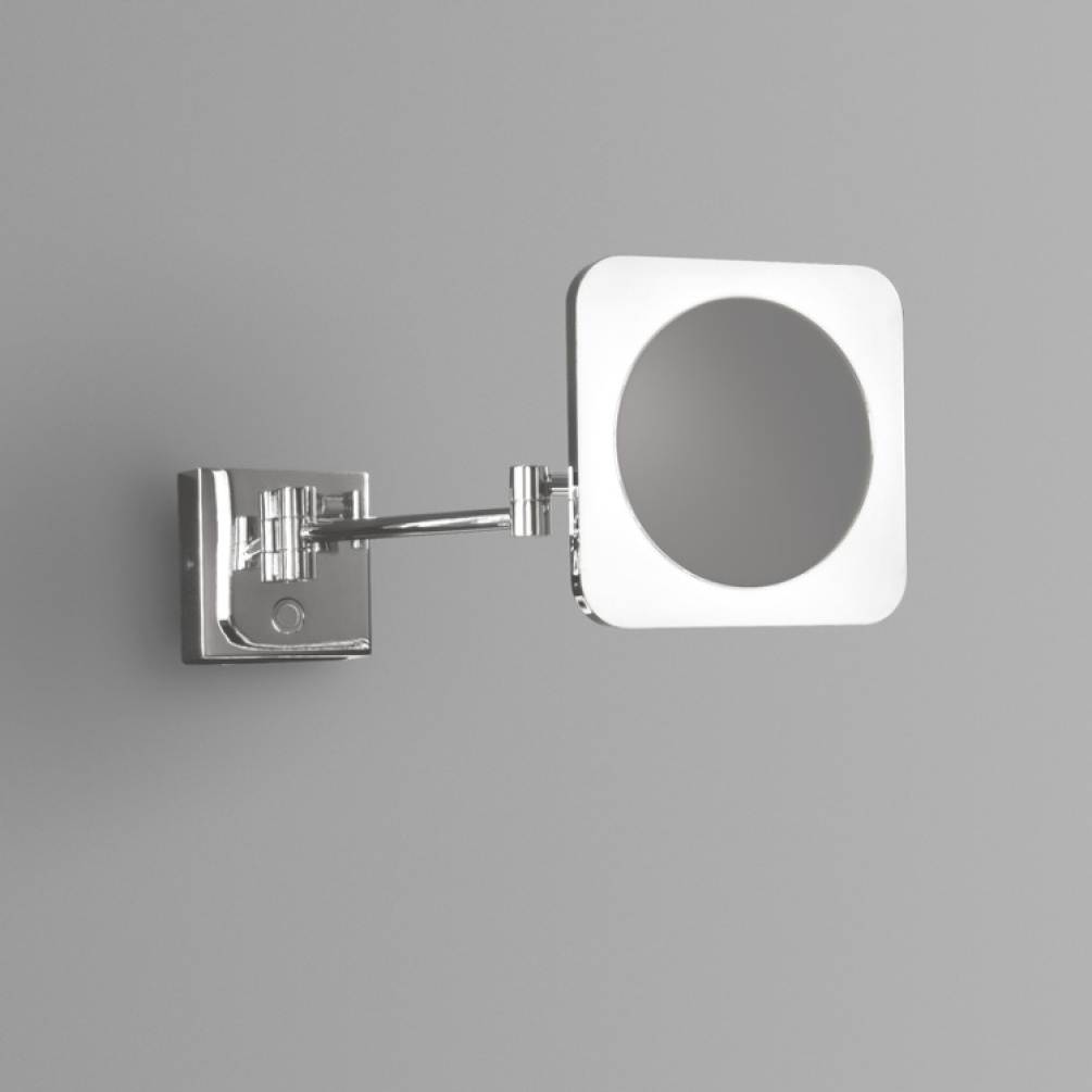 Close up product image of the Origins Living Sloane Square LED Magnifying Mirror emitting cool white light